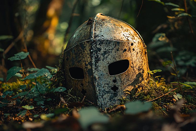 Weathered knight's helmet in the forest by Art & Soul Creations