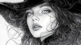 Mysteriöse Frau mit langem Haar und stilvollem Hut