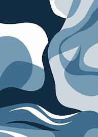 Minimalistische, abstracte natuurkunst met vloeiende vormen en organische lijnen in blauwtinten