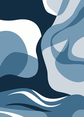 Minimalistische, abstracte natuurkunst met vloeiende vormen en organische lijnen in blauwtinten
