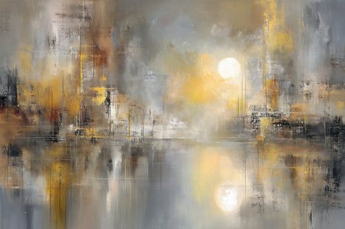 Abstract Landschap - Goud en Mistige Zonsopkomst Dromerig Schilderij