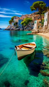 Fishing boat off Anchor in Bay of Greek Licorice by Vlindertuin Art