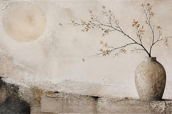 Wabi-Sabi Keramikvase mit blühendem Zweig – Japandi Wandbild