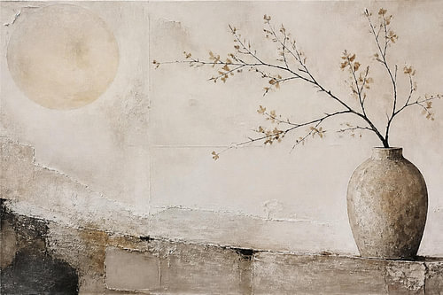 Wabi-Sabi Keramikvase mit blühendem Zweig – Japandi Wandbild