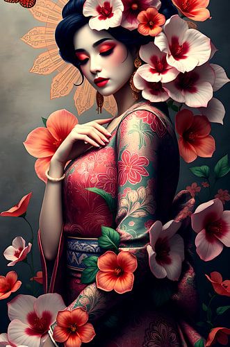 Geisha oosterse vrouw met bloemen