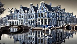 Hollandse Bruggen en Koe – Delfts Blauw Grachtenbeeld van Kleurenrijk
