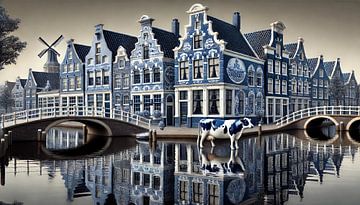 Niederländische Brücken und Kuh - Delfter Blaue Grachtenstatue von Kleurenrijk