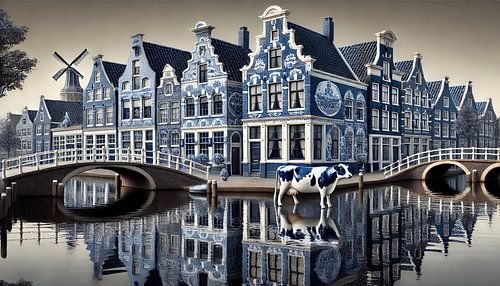 Hollandse Bruggen en Koe – Delfts Blauw Grachtenbeeld