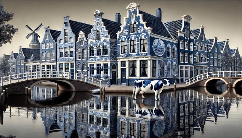 Niederländische Brücken und Kuh - Delfter Blaue Grachtenstatue von Kleurenrijk