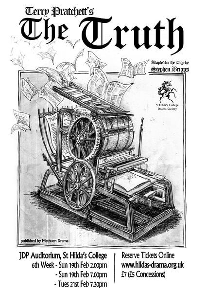 Advertising poster of the piece The Truth with a printing press by Atelier Liesjes