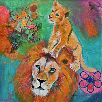 Lion with Cub by Schilderij van Mirjam
