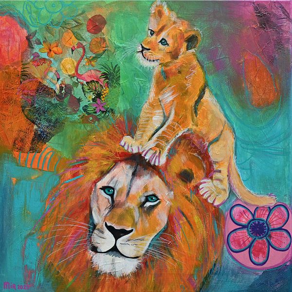 Löwe mit Jungtier von Schilderij van Mirjam