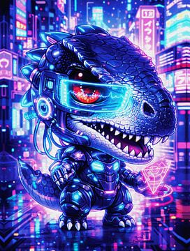 Epische Chibi Cyberpunk Dinosaurier Neon Held Wandkunst von Ramy Salah Hefny