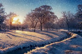 Paysage d'hiver avec coucher de soleil Illustration