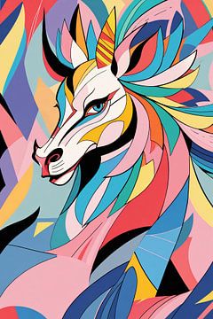 Kleurrijk abstract paard in kubistische stijl van De Muurdecoratie