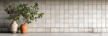White tiles and flowers vintage panorama by Digitale Schilderijen