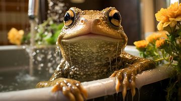 Grüner Frosch sitzt in einer Badewanne von Animaflora PicsStock