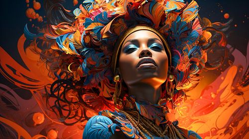 Portret van een Afrikaanse vrouw met een beschilderd gezicht en kleurrijk haar