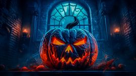 griezelige halloween pompoen in oude ruïne, illustratie achtergrond