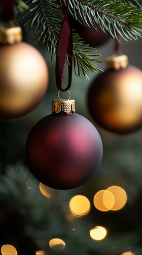 Weihnachtskugel in Bordeauxrot in warmen Lichtflecken
