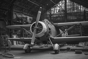Vintage-Propellerflugzeug in einem alten, heruntergekommenen Hangar, Schwarzweißfotografie