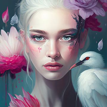 Woman with white bird & pink flowers van Bianca ter Riet