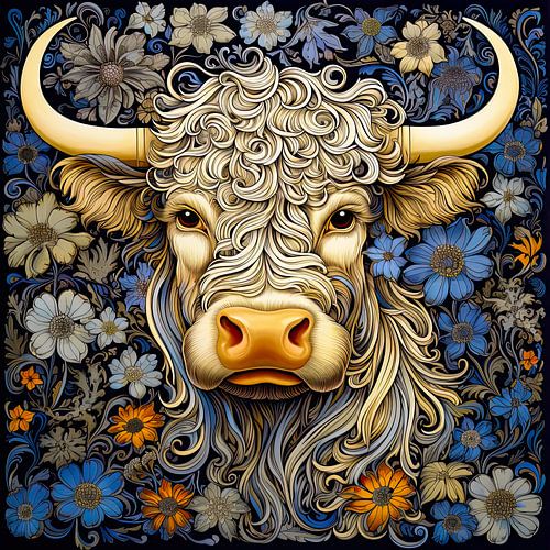 Schotse hooglander bloemen portret