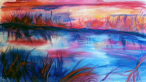 Abstract, colourful landscape: a panorama of water and reeds