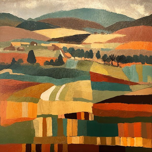 Paysage - Peinture abstraite de paysage avec arbres et collines par Art Merveilleux