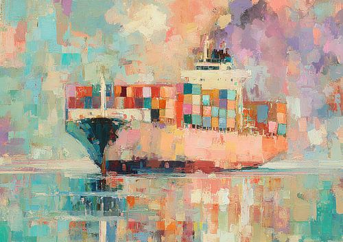 Oranje-roze containerschip op rustig water