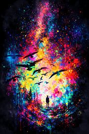 Sternenmeer und Vogelflug im Neon-Splash-Stil – Abstraktes Kosmos-Wandbild mit Silhouette von ButterflyPix