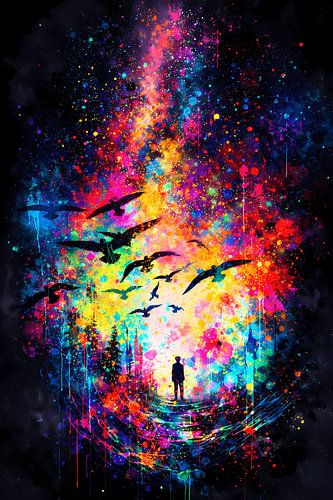 Een zee van sterren en vogels in neon-splash-stijl – Abstracte kosmos-wanddecoratie met silhouet