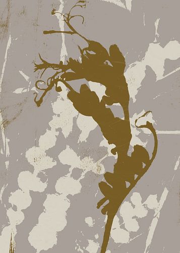 Abstract botanisch. Bloemen in goud en wit op warm grijs.