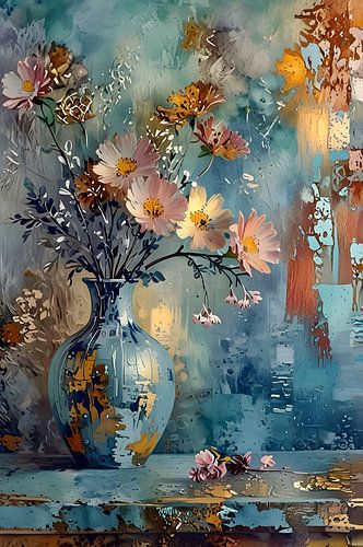 A still life with a vase filled with a bouquet of cosmos flowers