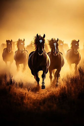 Galopperende paarden in zonsondergang van Art & Soul Creations