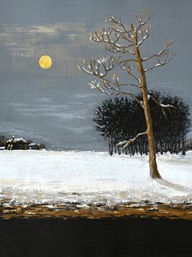Winterlandschaft mit Mond - verschneite Acrylmalerei von Marina Kozyr