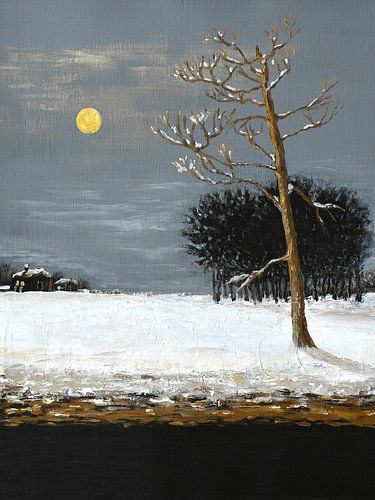 Winterlandschap met maan - besneeuwd acrylschilderij