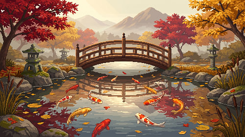 Pixel art : Étang aux carpes koï en automne, sous le pont en arc