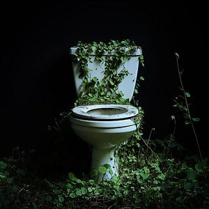 Toilettes abandonnées avec des mauvaises herbes