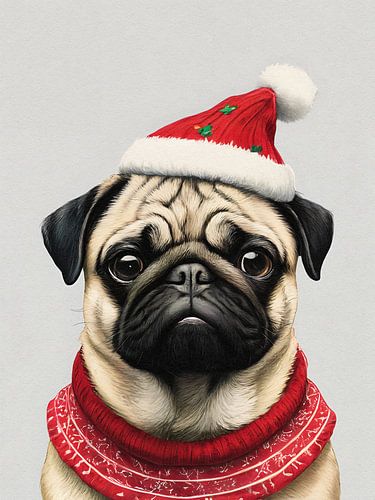 Mopshondje met kerstmuts