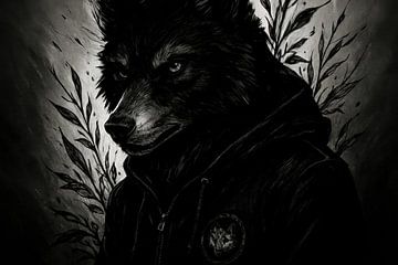 Dark wolf portrait with leaves by Imperial Art House