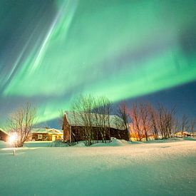 Nordlichter über einem schwedischen Dorf von Leo Schindzielorz