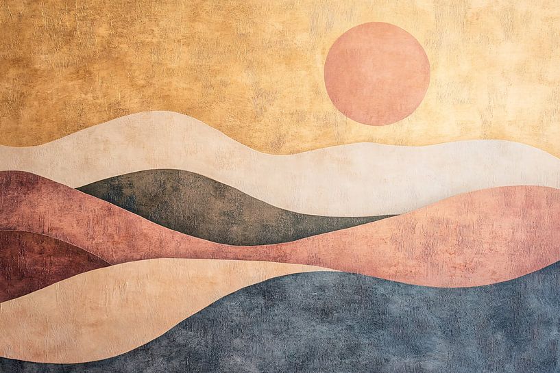 Abstraktes Gemälde von Bergen und Sonnenuntergang von Art & Soul Creations