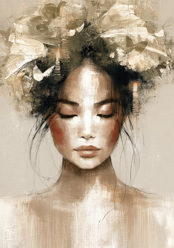 Portrait of a woman wearing a floral headdress and with her eyes closed