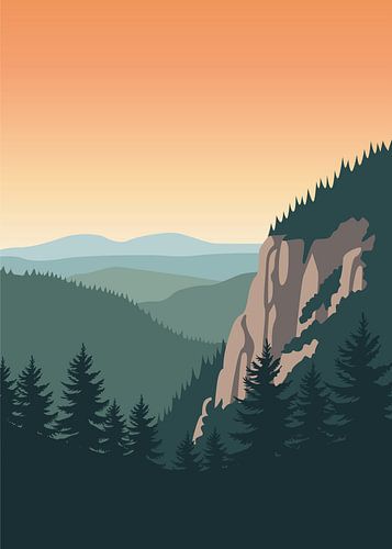 Illustration vectorielle minimaliste représentant un paysage composé d'une falaise, de forêts de pins et de montagnes en gradins au coucher du soleil