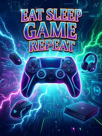 „Eat Sleep Game Repeat“ – Neon-Retro-Bootleg-Gaming-Poster von Art Bloom