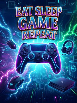 Eat Sleep Game Repeat Neon Retro Bootleg Gaming Poster by Art Bloom