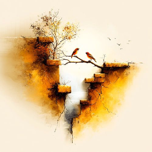 Zwei Vögel zwischen der Wand | Wanddekoration in Aquarelltechnik