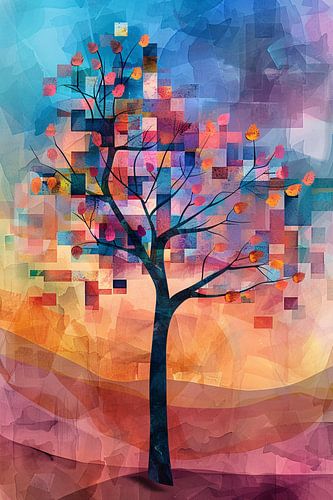 Abstracte boom in kleurrijk landschap
