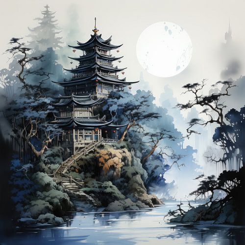 Japanse pagode in de mist aan het meer